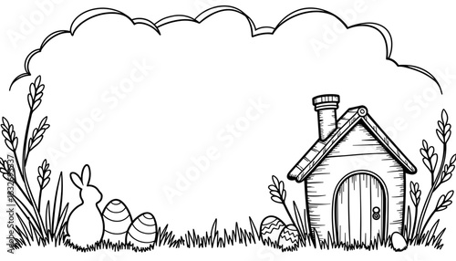 Easter coloring page with carrot house and bunny, kids activity and holiday fun