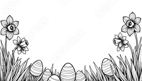 Easter frame with daffodils and eggs, kids coloring activity and holiday decoration