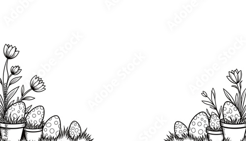 Easter frame with eggs in flower pots, holiday decoration and children's coloring activity