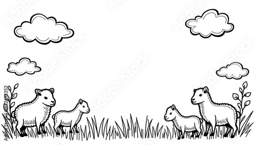 Easter lamb and clouds coloring book design, children's activity and festive creativity
