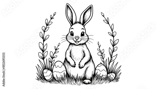 Easter bunny with eggs in garden, coloring book activity for children and holiday fun