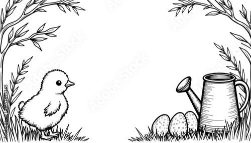 Easter chick with eggs and watering can in garden setting, kids coloring page and spring holiday theme