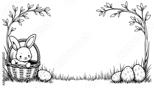 Easter bunny in basket with eggs and flowers, children's coloring book and holiday activity for kids