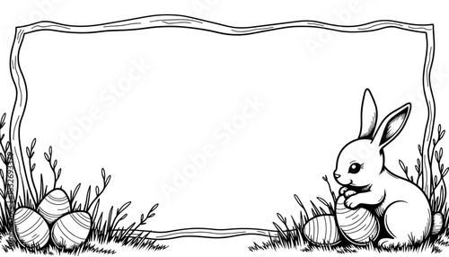 Easter frame with bunny hiding chocolate eggs, children’s coloring activity and playful holiday design