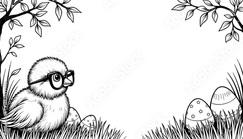 Easter chick with glasses in frame, kids coloring and holiday decoration