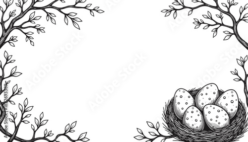 Easter frame with eggs in bird nest under spring branches, holiday greeting copy space