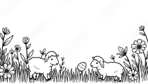 Easter lambs in spring flowers with egg border, holiday greeting copy space