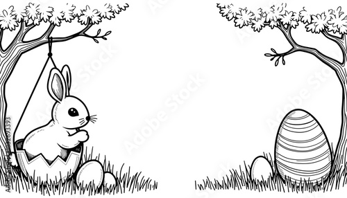 Easter bunny in egg swing with decorated eggs under trees, holiday frame copy space