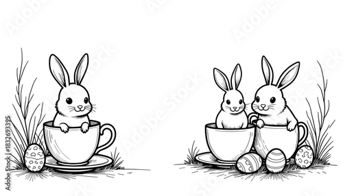 Easter frame with bunnies in tea cups, kids coloring and holiday fun