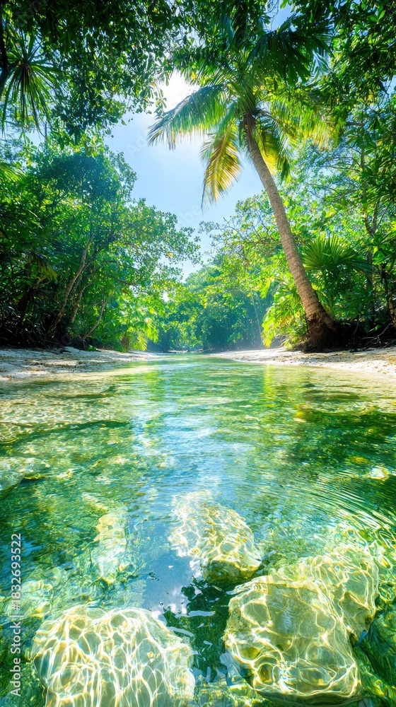 Naklejka premium A crystal clear river flows through a vibrant green jungle, with a palm tree and sunlight creating a bright, natural scene.