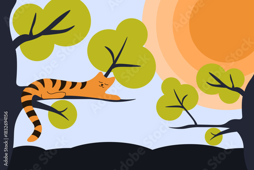Vector illustration of Bengal tiger resting on tree. Children's African drawing. Tiger in the savannah. Abstract hand drawn Africa art. EPS 10