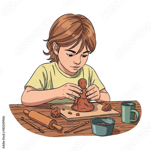 A young boy sitting at a table, sculpting a clay figurine with various tools and a mug nearby, against a clean white background with a warm and creative mood.