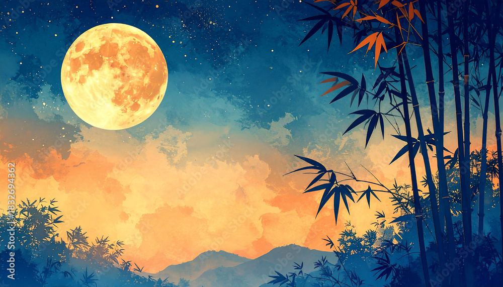 Naklejka premium 竹林から見た満月と夕焼け_generated by AI