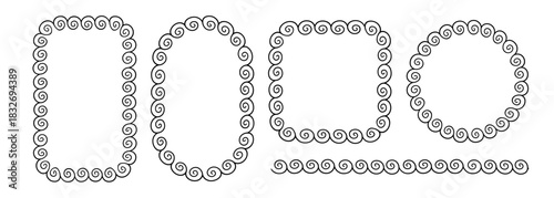 Greek doodle frames set. Hand drawn roman circle, oval and rectangle frame. Greek or Roman ancient motif border design. Ancient ornament elements. Vector illustration isolated on white background.