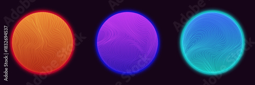 glowing neon spheres with abstract wavy line patterns and gradient colors on dark background for futuristic technology design and digital art themes