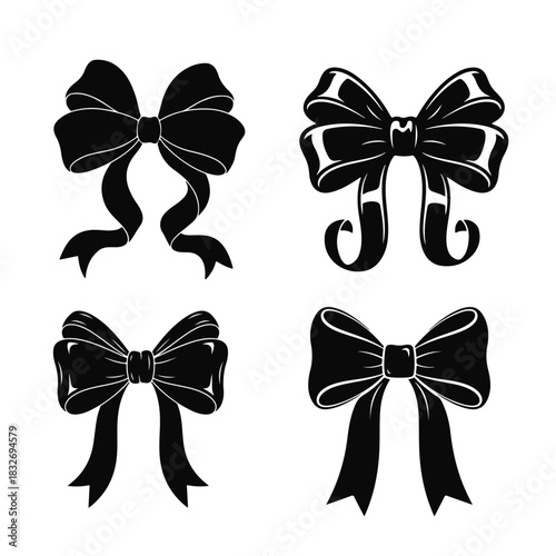 Set of decorative ribbon bows with flowing tails in vintage style. Bow set, ribbon bows, decorative bows, vintage bows, silhouette bows