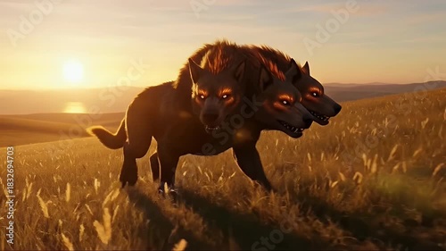 Mythical two headed creature running in a golden field at sunrise