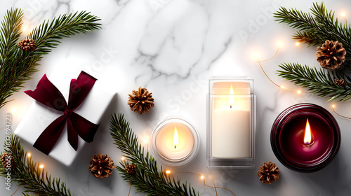 Elegant Christmas gift box with festive pine branches, glowing candles, and warm fairy lights on a marble surface, perfect for holiday celebrations.