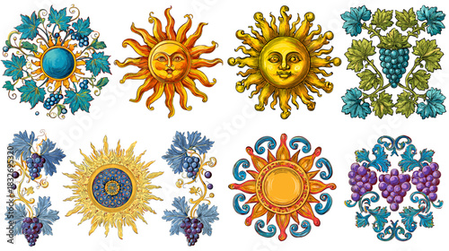 Decorative illustration set featuring radiant sun motifs and detailed grapevine ornaments with vibrant colors and artistic patterns. Ideal for nature themes, vintage decor and creative design projects