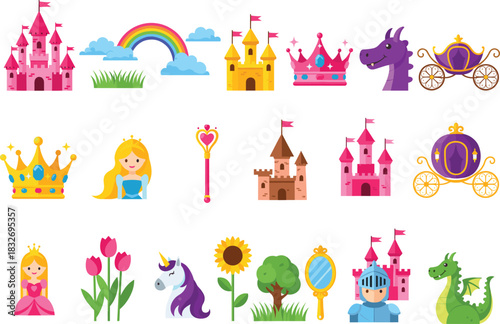 Colorful fantasy princess vector icon set featuring castles, crowns, carriages, unicorns, dragons, flowers, and magical fairy-tale elements
