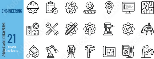 Engineering line icon collection featuring industry tools, machinery, technical design symbols, mechanical elements, innovation concepts, and industrial engineering equipment.