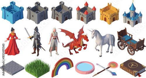 Isometric fantasy medieval vector set with castles, knights, dragon, unicorn, characters, magical items, terrain elements, and adventure icons