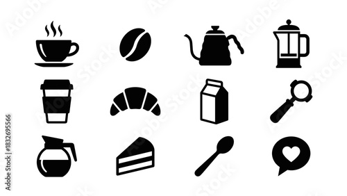 A comprehensive set of twelve minimalist black and white icons representing various coffee-related items and baked goods, perfect for cafe branding or menu design elements.