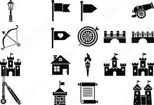 Medieval silhouette icon vector set featuring castles, weapons, flags, archery targets, scrolls, torches, buildings, and ancient battle elements