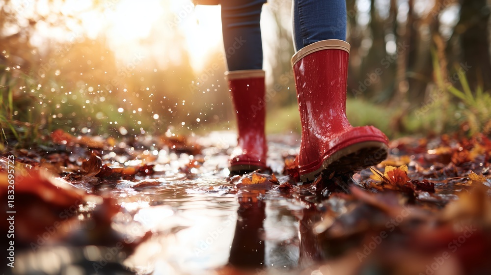 Obraz premium Walking through autumn leaves in red rubber boots by a stream at sunset