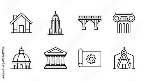 A collection of eight minimalist black outline icons depicting architectural elements like a house, skyscraper, bridge, column, dome, temple, blueprint, and drafting tool.