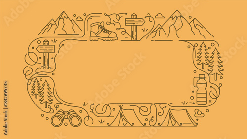 Outline frame border design with hiking and camping elements like mountains, boot, signpost, tent, tree, and water bottle for outdoor adventure