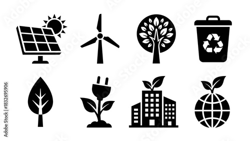 A collection of eight distinct black silhouette icons illustrating concepts like solar power, wind turbine, tree, recycling bin, leaf, plant power, green building, and earth with sprout.