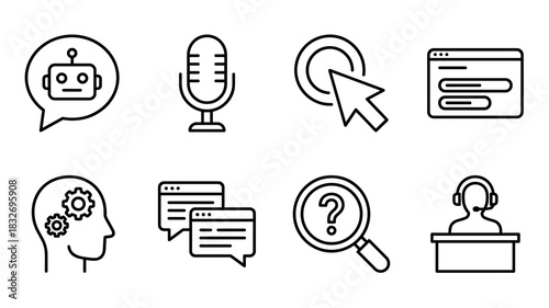 A collection of eight black outline icons depicting concepts like artificial intelligence, voice input, user interface interaction, search query, and customer service agent.