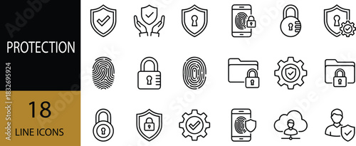 Modern protection and security line icons set featuring locks, shields, fingerprints, mobile safety, cloud privacy, and secure data management symbols.