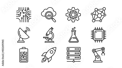 A set of twelve black and white outline icons representing various scientific and technological concepts including circuit board, cloud, gear, network, satellite, microscope, flask, chip, battery, roc