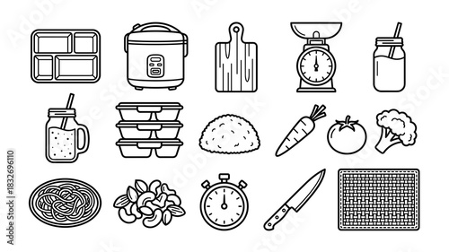 A collection of simple black and white line drawings representing kitchen utensil and food items like a rice cooker, cutting board, scale, vegetables, and containers for meal prep.