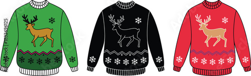 Festive Christmas sweaters with reindeer design in black, white and red colors, winter holiday clothing illustration perfect for seasonal decor and graphic design