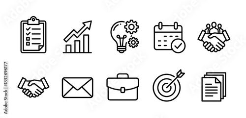 A collection of ten black outline icons representing various business concepts like planning, growth, idea, schedule, agreement, communication, brief case, target, and document.