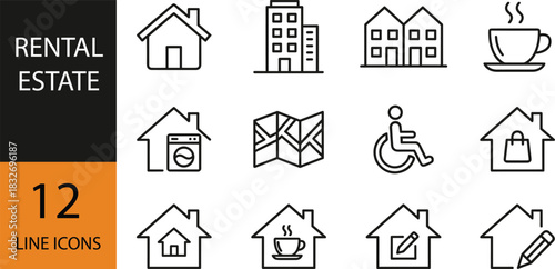 Rental estate line icon set featuring homes, apartments, amenities, accessibility, maps, and property features for modern real estate design