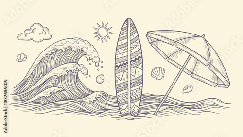 Hand drawn sketch of a surfboard standing upright in the ocean waves next to a beach umbrella under a sunny sky