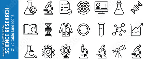 Science research line icon set featuring laboratory tools, microscopes, DNA, analytics, experiments, chemistry, and molecular study symbols for modern scientific design