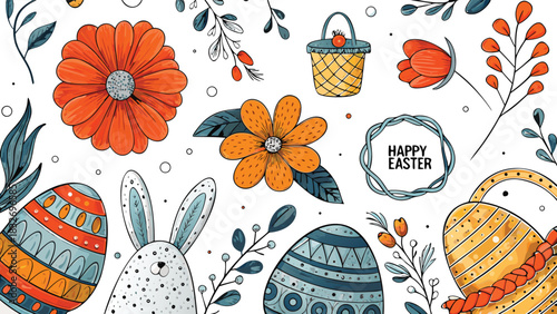 A delightful hand drawn illustration celebrating easter with colorful decorated eggs cheerful flowers a cute bunny and festive baskets on a white background