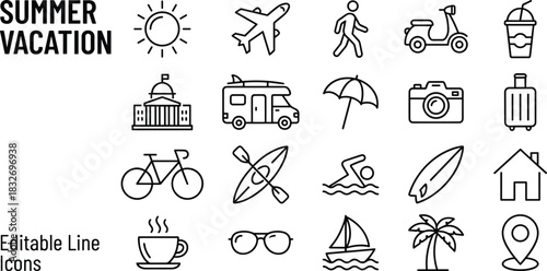 Summer vacation line icon set featuring travel, beach activities, transportation, leisure, sightseeing, adventure, and holiday essentials for modern design projects