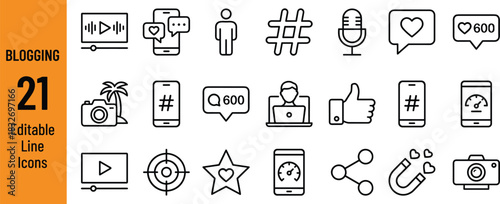 Blogging and social media line icon set featuring content creation, engagement, communication, analytics, mobile interaction, and digital influence tools