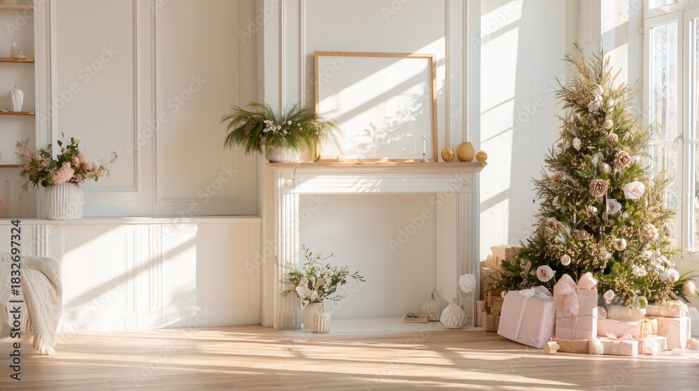 Naklejka premium Cozy living room decorated for Christmas with a tree and gifts in soft light