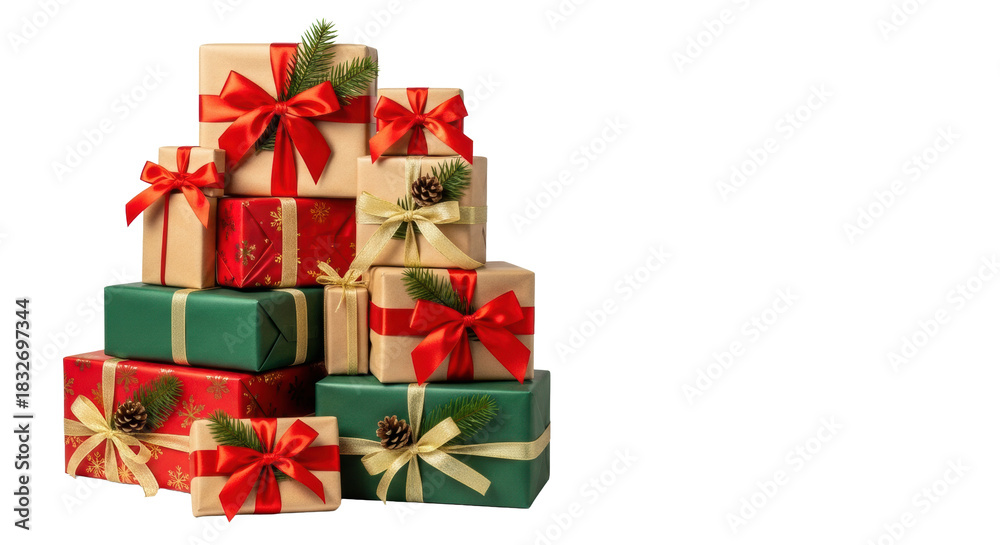 Fototapeta premium A stack of festive christmas gifts wrapped in red, green, and kraft paper, isolated on a white background with copy space. Concept of holiday gift-giving