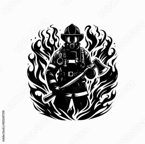 Firefighter Silhouette with Axe Surrounded by Flames – Heroic Vector Art