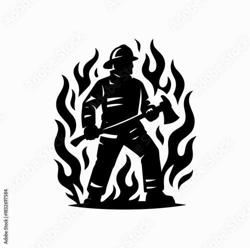 Firefighter Silhouette with Axe Surrounded by Flames – Heroic Vector Art