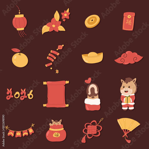 Lunar New Year Festive Icon Set — Flat Style
