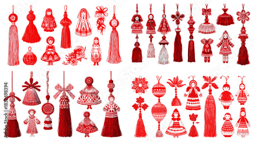 Decorative red folk tassel doll and ornament illustration set with handcrafted motifs and cultural textile shapes. Perfect for festive decor, craft themes and traditional design projects.